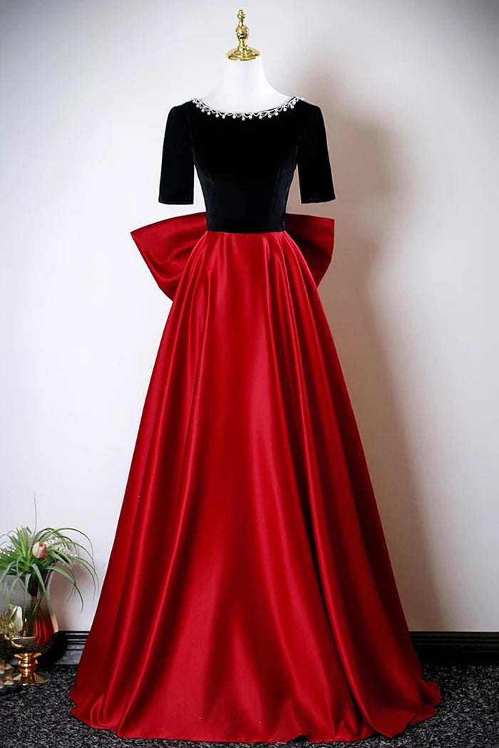 Black Velvet and Red Satin Long Prom Dress, Elegant A-Line Evening Party Dress